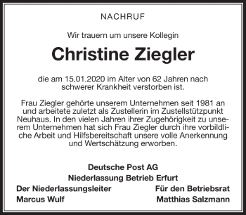 Traueranzeige von Christine Ziegler von Südthüringer Presse