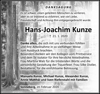 Traueranzeige von H. Joachim Kunze von Südthüringer Presse
