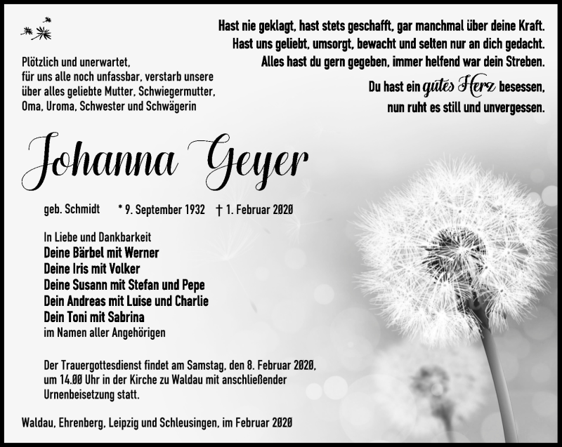  Traueranzeige für Johanna Geyer vom 06.02.2020 aus Südthüringer Presse