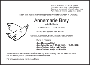 Traueranzeige von Annemarie Brey von Frankenpost