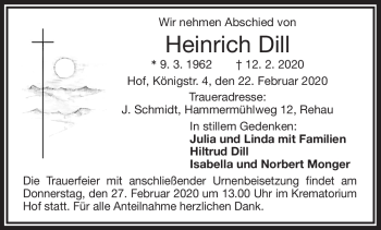 Traueranzeige von Heinrich Dill von Frankenpost