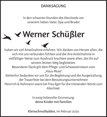 Traueranzeige von Werner Schüßler von Südthüringer Presse