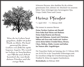 Traueranzeige von Heinz Pfeufer von Südthüringer Presse