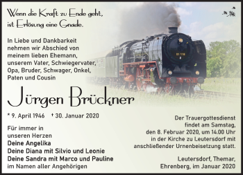 Traueranzeige von Jürgen Brückner von Südthüringer Presse