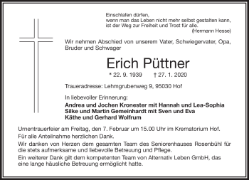 Traueranzeige von Erich Püttner von Frankenpost