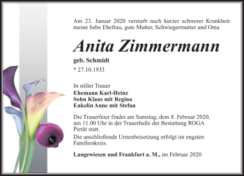 Traueranzeige von Anita Zimmermann von Südthüringer Presse