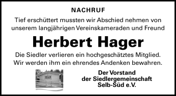 Traueranzeige von Herbert Hager von Frankenpost