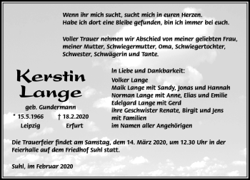 Traueranzeige von Kerstin Lange von Südthüringer Presse