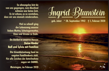 Traueranzeige von Ingrid Blumstein von Südthüringer Presse