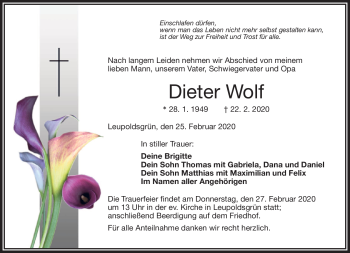 Traueranzeige von Dieter Wolf von Frankenpost