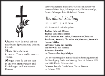 Traueranzeige von Bernhard Stehling von Südthüringer Presse