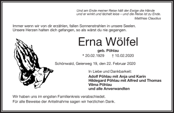 Traueranzeige von Erna Wölfel von Frankenpost