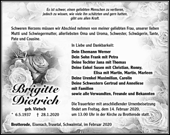 Traueranzeige von Brigitte Dietrich von Südthüringer Presse