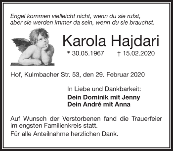 Traueranzeige von Karola Hajdari von Frankenpost