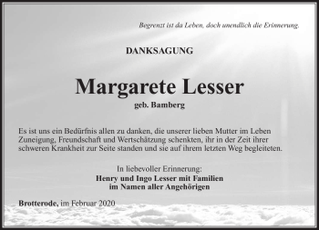 Traueranzeige von Margarete Lesser von Südthüringer Presse
