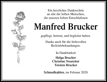 Traueranzeige von Manfred Brucker von Südthüringer Presse