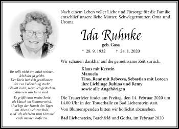 Traueranzeige von Ida Ruhnke von Südthüringer Presse