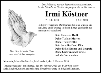 Traueranzeige von Irmi Köstner von Neue Presse Coburg