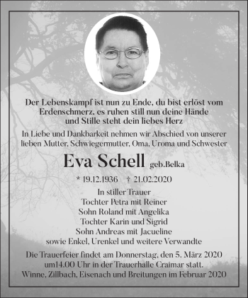 Traueranzeige von Eva Schell von Südthüringer Presse