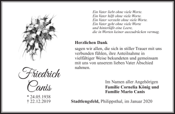 Traueranzeige von Friedrich Canis von Südthüringer Presse