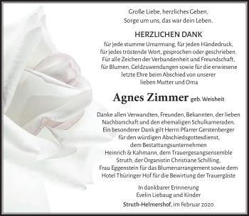 Traueranzeige von Agnes Zimmer von Südthüringer Presse