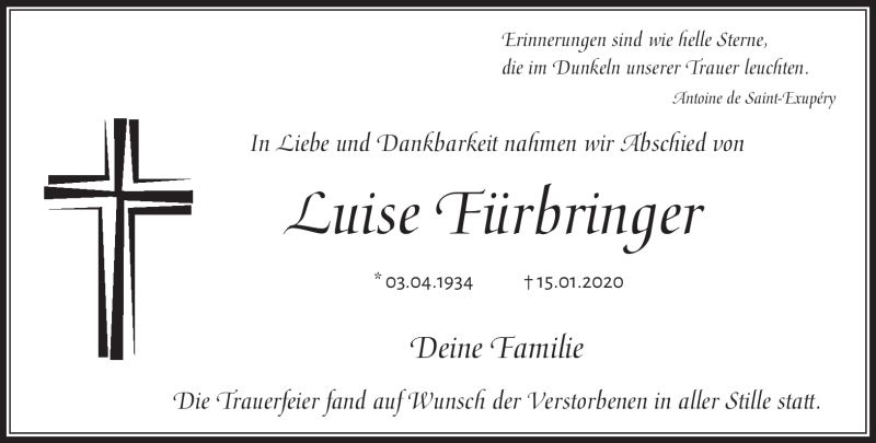  Traueranzeige für Luise Fürbringer vom 11.02.2020 aus Frankenpost