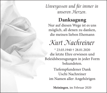 Traueranzeige von Kurt Nachreiner von Südthüringer Presse