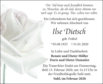 Traueranzeige von Ilse Dietsch von Südthüringer Presse