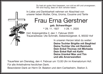 Traueranzeige von Erna Gerstner von Frankenpost