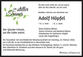 Traueranzeige von Adolf Höpfel von Frankenpost