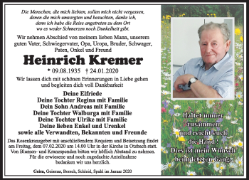 Traueranzeige von Heinrich Kremer von Südthüringer Presse