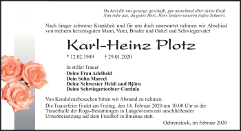 Traueranzeige von Karl-Heinz Plotz von Südthüringer Presse