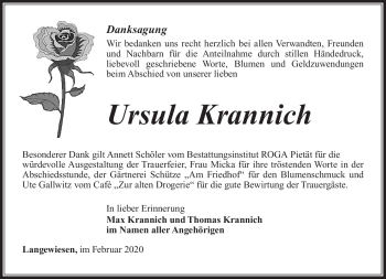 Traueranzeige von Ursula Krannich von Südthüringer Presse