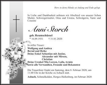 Traueranzeige von Anni Storch von Südthüringer Presse