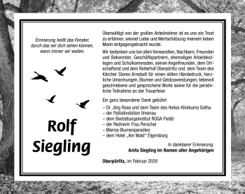 Traueranzeige von Rolf Siegling von Südthüringer Presse