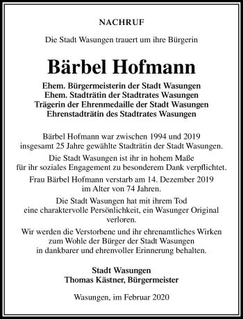 Traueranzeige von Bärbel Hofmann von Südthüringer Presse