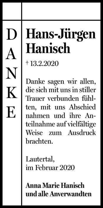 Traueranzeige von Hans-Jürgen Hanisch von Neue Presse Coburg