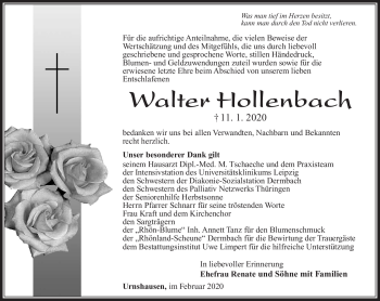 Traueranzeige von Walter Hollenbach von Südthüringer Presse