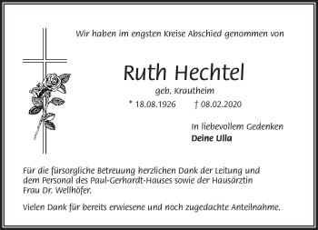 Traueranzeige von Ruth Hechtel von Frankenpost