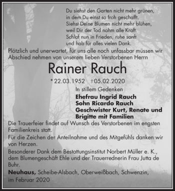 Traueranzeige von Rainer Rauch von Südthüringer Presse