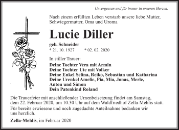 Traueranzeige von Lucie Diller von Südthüringer Presse