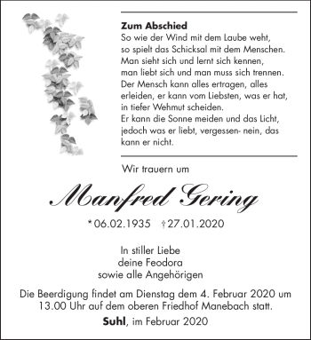 Traueranzeige von Manfred Gering von Südthüringer Presse
