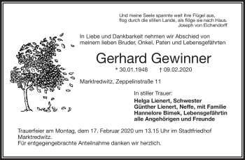 Traueranzeige von Gerhard Gewinner von Frankenpost