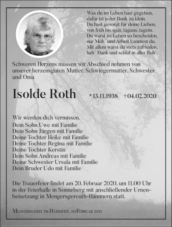 Traueranzeige von Isolde Roth von Südthüringer Presse
