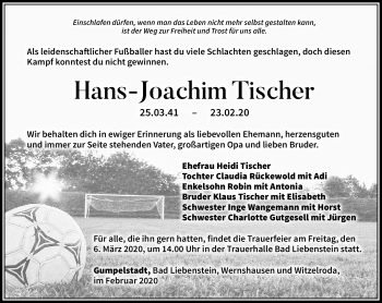 Traueranzeige von Hans-Joachim Tischer von Südthüringer Presse