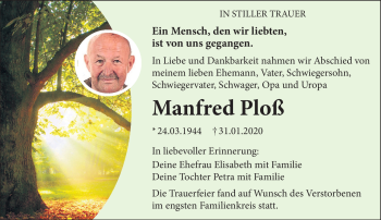 Traueranzeige von Manfred Ploß von Frankenpost