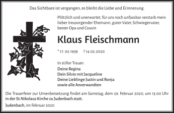 Traueranzeige von Klaus Fleischmann von Südthüringer Presse