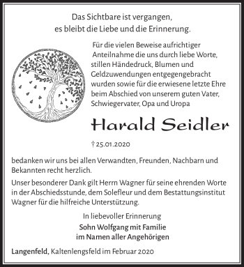 Traueranzeige von Harald Seidler von Südthüringer Presse
