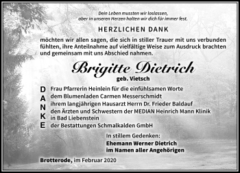 Traueranzeige von Brigitte Dietrich von Südthüringer Presse