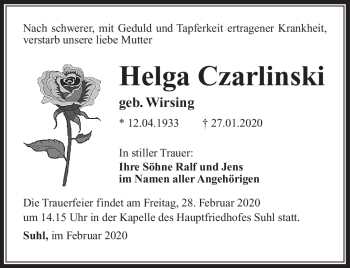 Traueranzeige von Helga Czarlinski von Südthüringer Presse